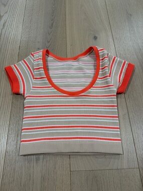 Offline by Aerie Striped Scoop Neck Crop Top - Orange & Tan Size XS